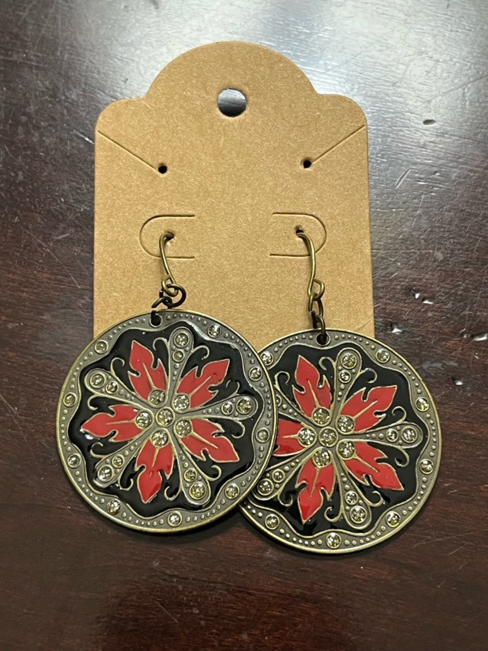 Round Floral Drop Earrings with Red Enamel and Rhinestones